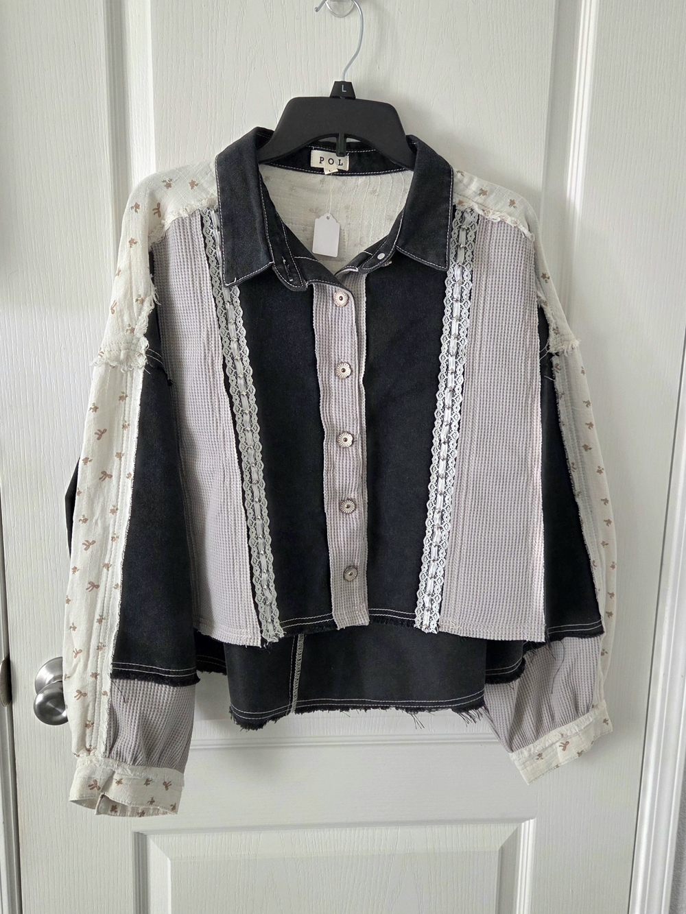 POL Mixed-Media Button-Down Top in Black and Cream with Lace Trim
